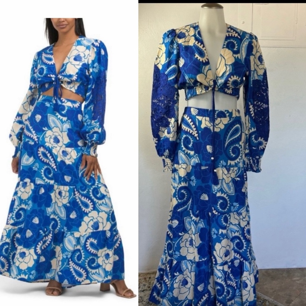 House of Harlow 1960 Blue and Cream Floral Two-Piece Dress Set